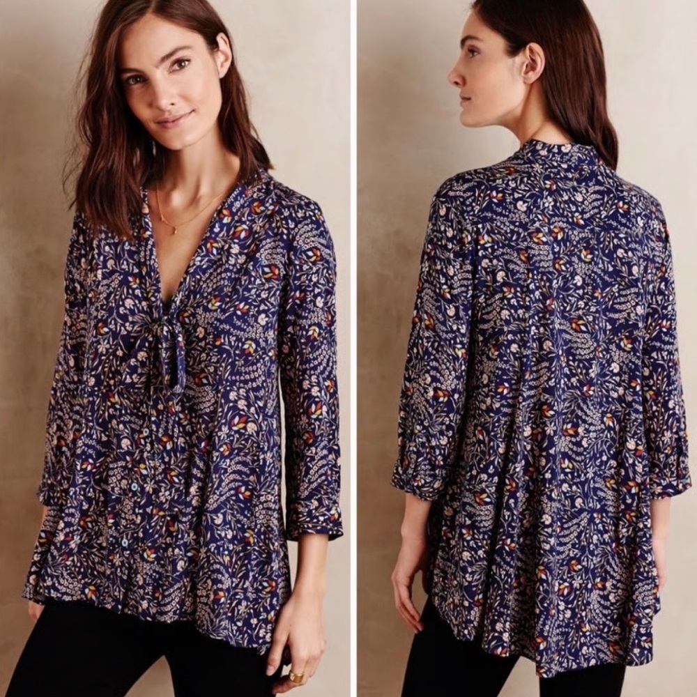 Maeve Anthropologie | Blue floral tie-neck high-low Rayon blouse Size XXSP